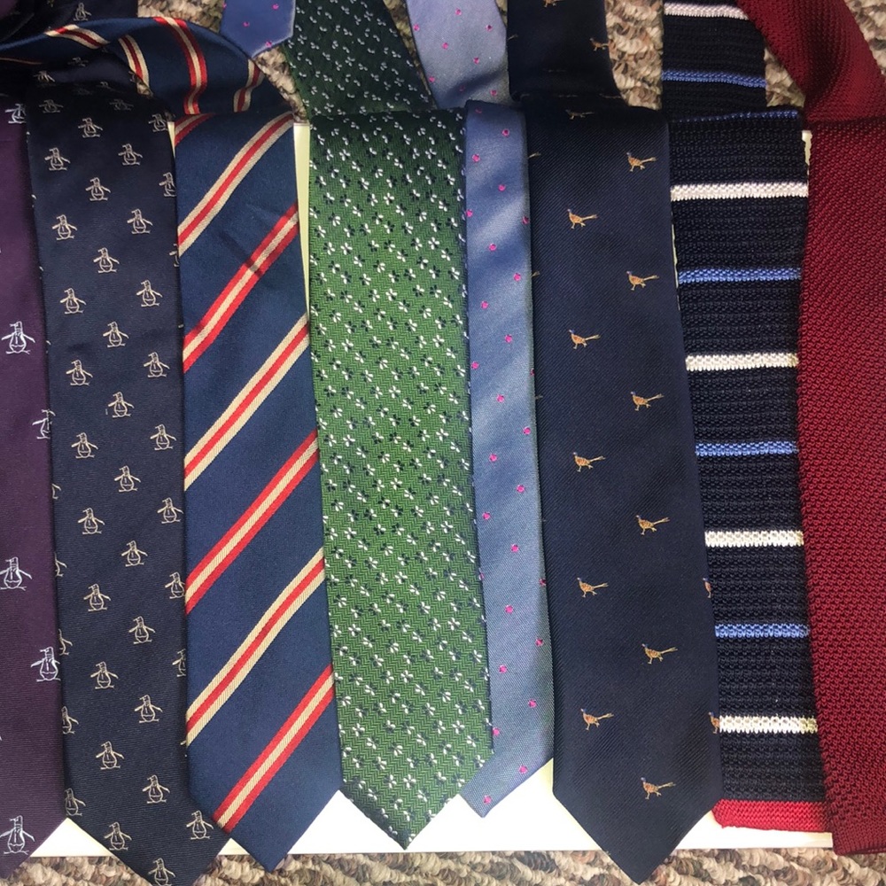 8 silk skinny ties: Penguin, Zara, Brooks Brothers, Sherman, Hilfiger, Tucci